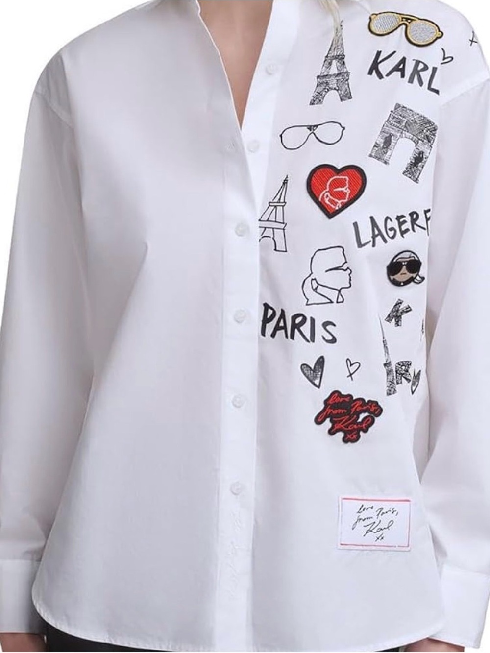 Karl Lagerfeld White Blouse with Red and Black Graphic Paris theme Embroidery sz